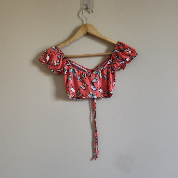 Almost Famous Butterfly Crop Top Size Small Pink Ruched Off Shoulder Y2K Style - Picture 4 of 7